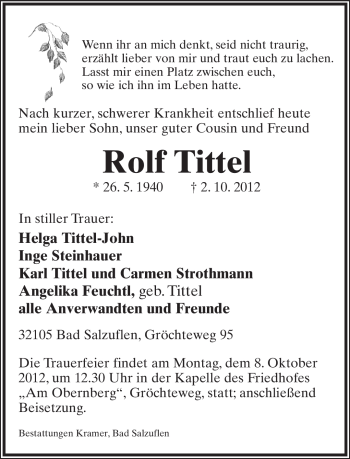 Anzeige  Rolf Tittel  Lippische Landes-Zeitung