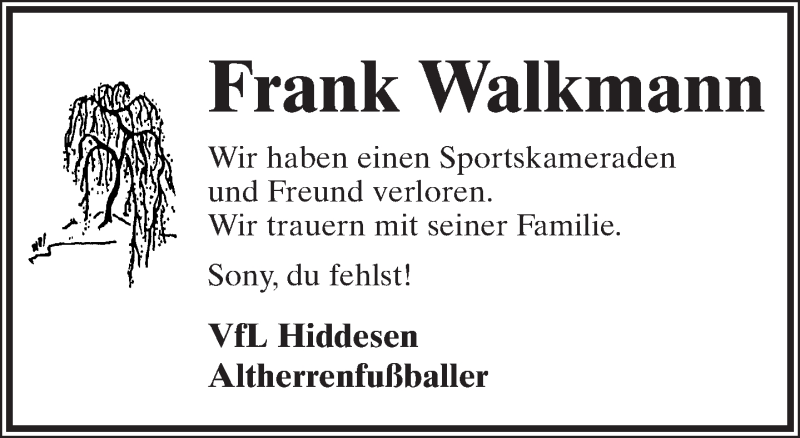  Traueranzeige für Frank Walkmann vom 04.11.2013 aus Lippische Landes-Zeitung