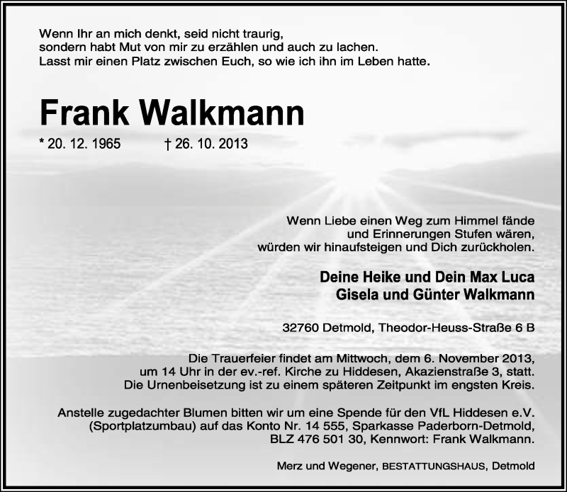  Traueranzeige für Frank Walkmann vom 01.11.2013 aus Lippische Landes-Zeitung