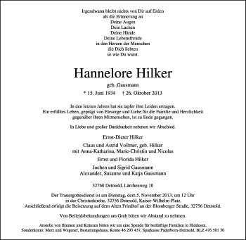 Anzeige  Hannelore Hilker  Lippische Landes-Zeitung