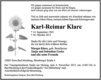 Anzeige  Karl-Reimar Klare  Lippische Landes-Zeitung