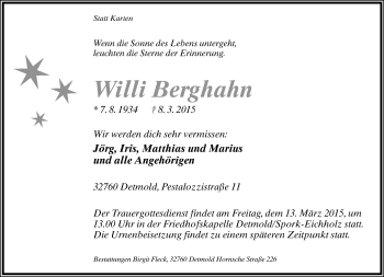 Anzeige  Willi Berghahn  Lippische Landes-Zeitung