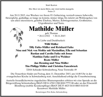 Anzeige  Mathilde Müller  Lippische Landes-Zeitung