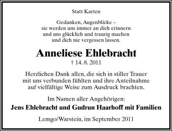 Anzeige  Anneliese Ehlebracht  Lippische Landes-Zeitung
