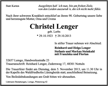 Anzeige  Christel Lenger  Lippische Landes-Zeitung