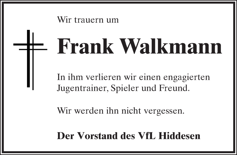 Traueranzeige für Frank Walkmann vom 04.11.2013 aus Lippische Landes-Zeitung