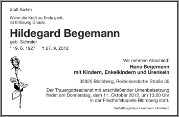 Anzeige  Hildegard Begemann  Lippische Landes-Zeitung
