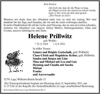 Anzeige  Helene Prillwitz  Lippische Landes-Zeitung