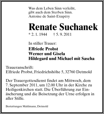 Anzeige  Renate Suchanek  Lippische Landes-Zeitung