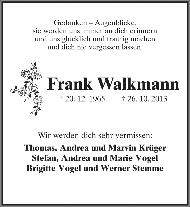  Traueranzeige für Frank Walkmann vom 04.11.2013 aus Lippische Landes-Zeitung
