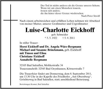 Anzeige  Luise-Charlotte Eickhoff  Lippische Landes-Zeitung