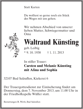 Anzeige  Waltraud Künsting  Lippische Landes-Zeitung