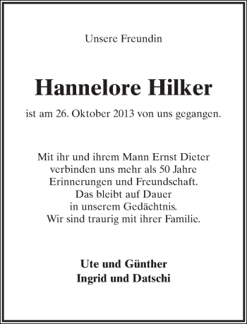 Anzeige  Hannelore Hilker  Lippische Landes-Zeitung