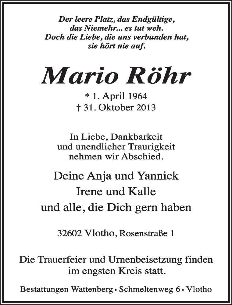  Traueranzeige für Mario Röhr vom 04.11.2013 aus Lippische Landes-Zeitung