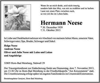 Anzeige  Hermann Neese  Lippische Landes-Zeitung