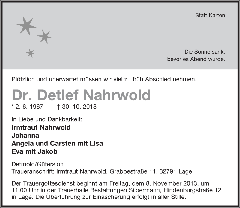  Traueranzeige für Detlef Nahrwold vom 04.11.2013 aus Lippische Landes-Zeitung