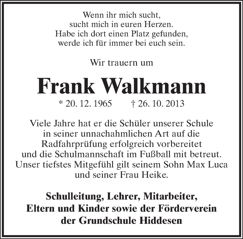  Traueranzeige für Frank Walkmann vom 04.11.2013 aus Lippische Landes-Zeitung