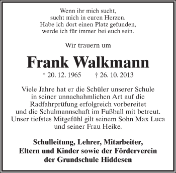 Anzeige  Frank Walkmann  Lippische Landes-Zeitung