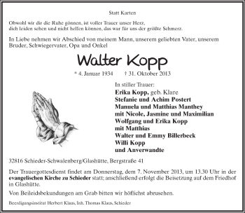 Anzeige  Walter Kopp  Lippische Landes-Zeitung