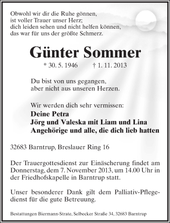 Anzeige  Günter Sommer  Lippische Landes-Zeitung