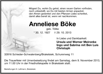 Anzeige  Anneliese Böke  Lippische Landes-Zeitung