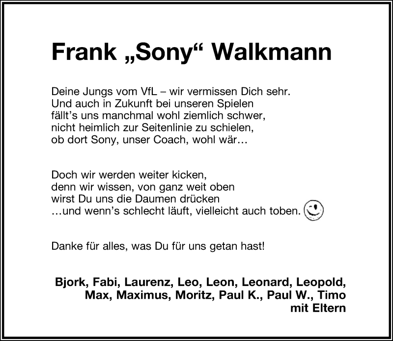  Traueranzeige für Frank Walkmann vom 05.11.2013 aus Lippische Landes-Zeitung