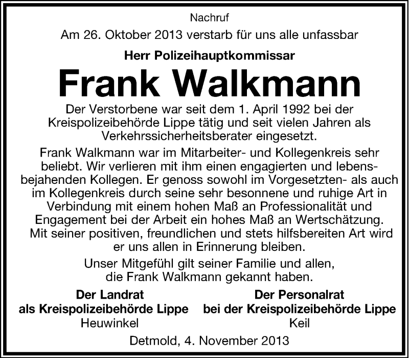  Traueranzeige für Frank Walkmann vom 05.11.2013 aus Lippische Landes-Zeitung