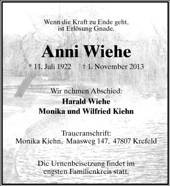 Anzeige  Anni Wiehe  Lippische Landes-Zeitung