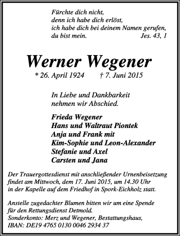 Anzeige  Werner Wegener  Lippische Landes-Zeitung
