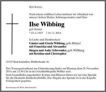 Anzeige  Ilse Wibbing  Lippische Landes-Zeitung