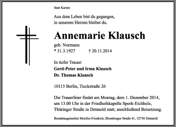 Anzeige  Annemarie Klausch  Lippische Landes-Zeitung