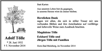 Anzeige  Adolf Tölle  Lippische Landes-Zeitung