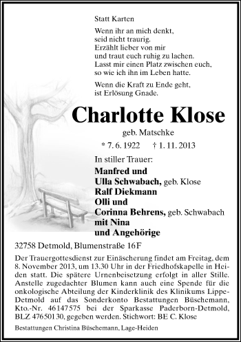 Anzeige  Charlotte Klose  Lippische Landes-Zeitung