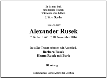 Anzeige  Alexander Rusek  Lippische Landes-Zeitung