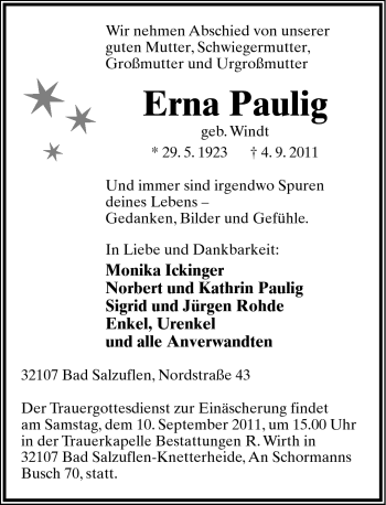 Anzeige  Erna Paulig  Lippische Landes-Zeitung