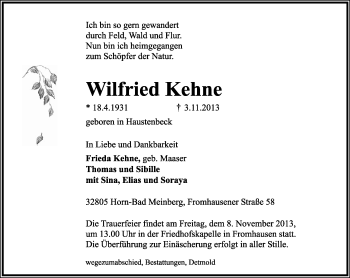 Anzeige  Wilfried Kehne  Lippische Landes-Zeitung