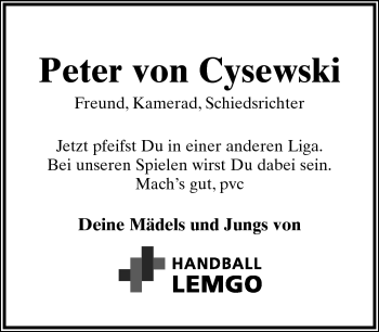Anzeige  Peter von Cysewski  Lippische Landes-Zeitung