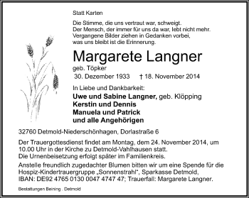 Anzeige  Margarete Langner  Lippische Landes-Zeitung