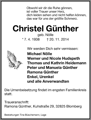 Anzeige  Christel Günther  Lippische Landes-Zeitung
