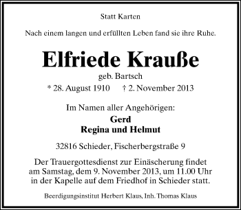 Anzeige  Elfriede KrauÃŸe  Lippische Landes-Zeitung