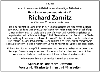 Anzeige  Richard Zarnitz  Lippische Landes-Zeitung