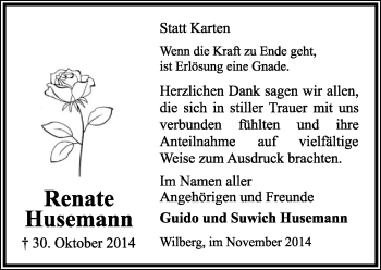 Anzeige  Renate Husemann  Lippische Landes-Zeitung