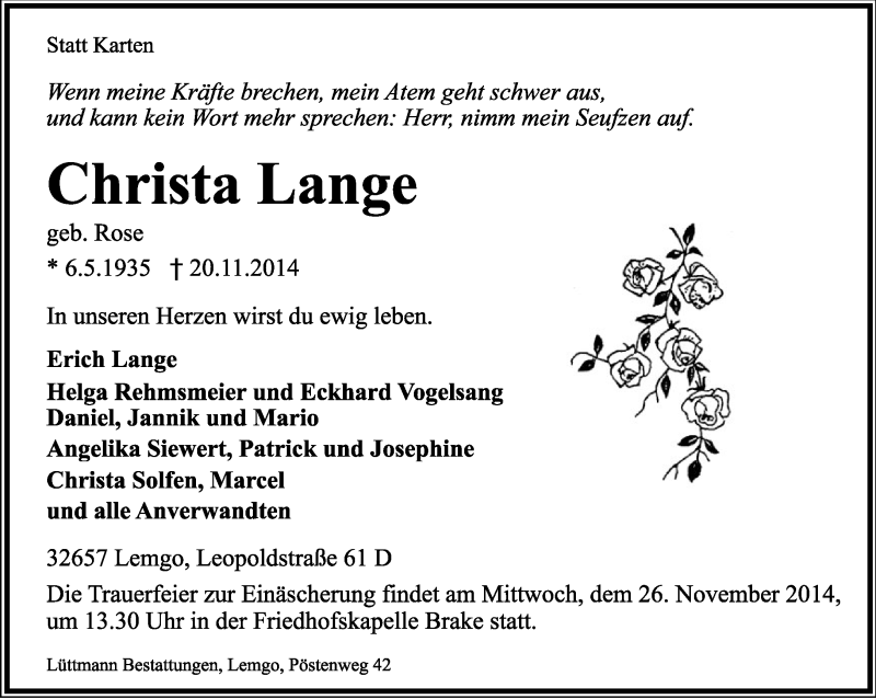  Traueranzeige für Christa Lange vom 22.11.2014 aus Lippische Landes-Zeitung