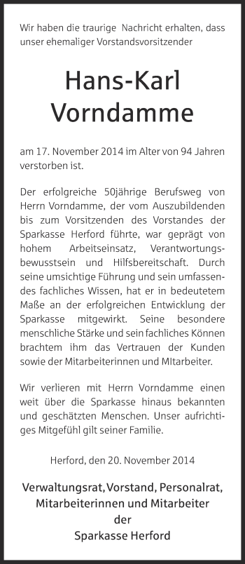 Anzeige  Hans-Karl Vorndamme  Lippische Landes-Zeitung