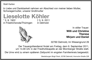 Anzeige  Lieselotte Köhler  Lippische Landes-Zeitung