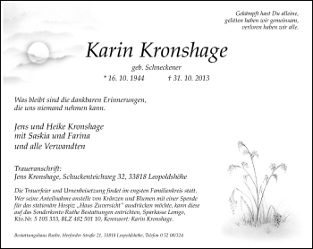 Anzeige  Karin Kronshage  Lippische Landes-Zeitung