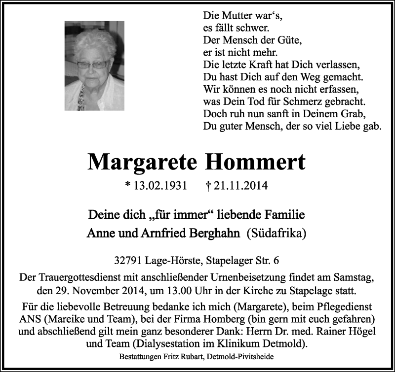  Traueranzeige für Margarete Hommert vom 26.11.2014 aus Lippische Landes-Zeitung