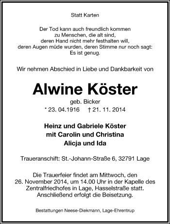 Anzeige  Alwine Köster  Lippische Landes-Zeitung