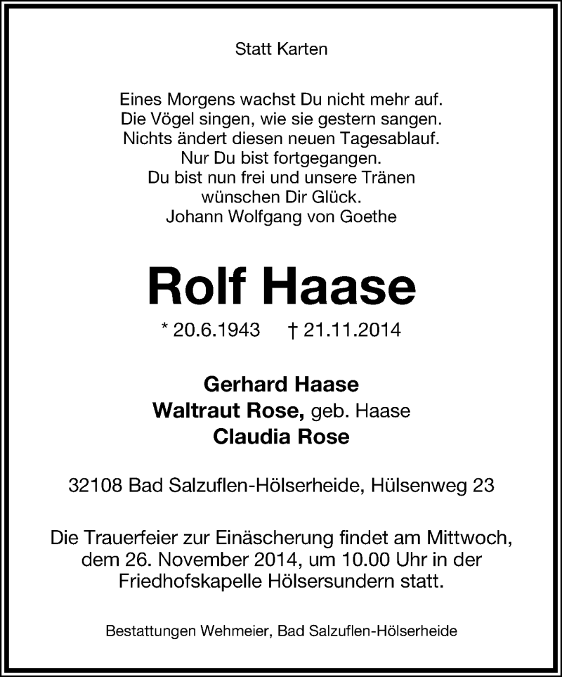  Traueranzeige für Rolf Haase vom 24.11.2014 aus Lippische Landes-Zeitung