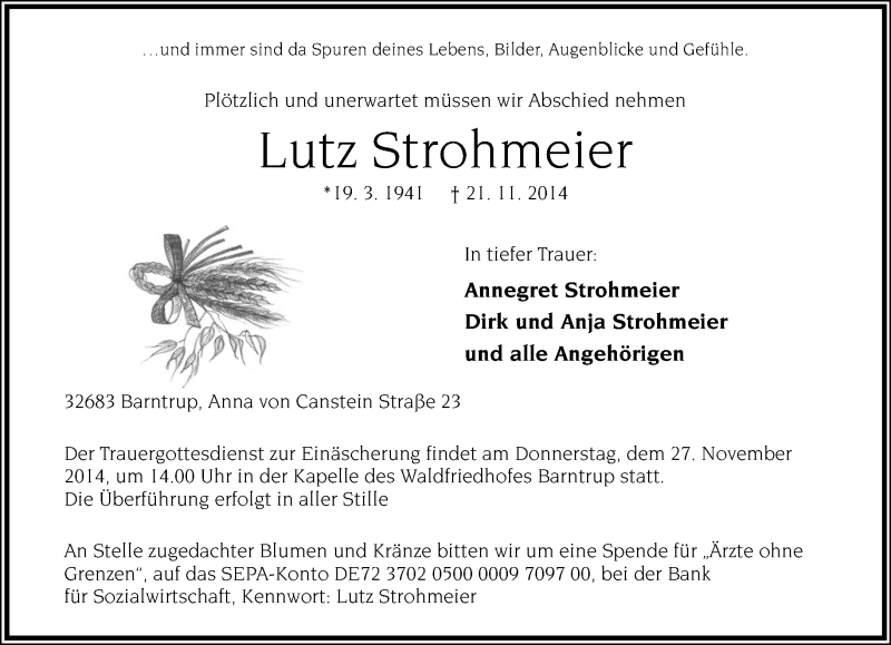  Traueranzeige für Lutz  Strohmeier vom 24.11.2014 aus Lippische Landes-Zeitung